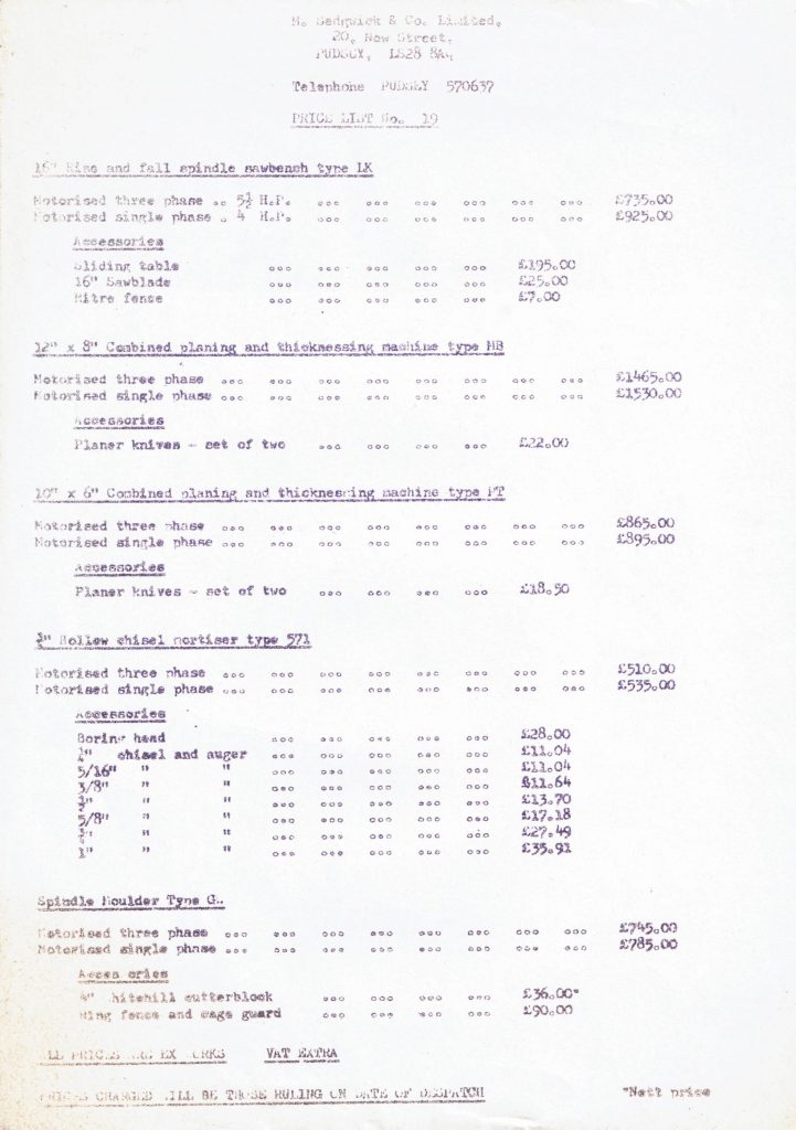 Sedgwick Price List from 1970s or 1980s